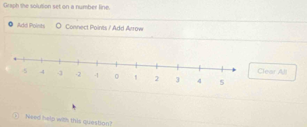 Graph the solution set on a number line. 
Add Points Connect Points / Add Arrow 
ar All 
Need help with this question?