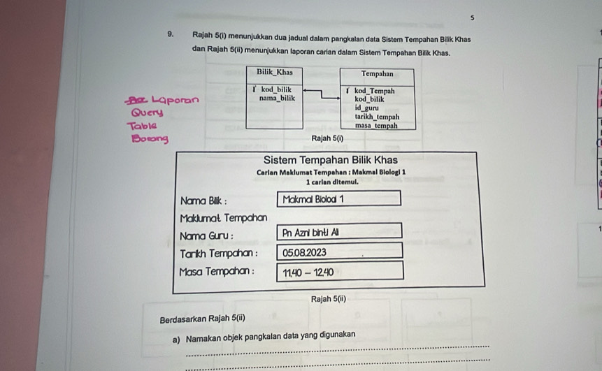 5 
9. Rajah 5(i) menunjukkan dua jadual dalam pangkalan data Sistem Tempahan Bilik Khas 
dan Rajah 5(ii) menunjukkan laporan carian dalam Sistem Tempahan Bilik Khas. 
Bilik_Khas Tempahan 
I kod_bilik I kod_Tempah 
Be Loporan nama_bilik kod_bilik 
id guru 
Query tarikh_tempah 
Table masa tempah 
Bosong Rajah 5(i) 
Sistem Tempahan Bilik Khas 
Carlan Maklumat Tempahan : Makmal Biologi 1 
1 carian ditemul. 
Nama Bilik : Makmal Bioloal 1 
Maklumat Tempahan 
Nama Guru : Pn Azni binti Ali 
Tarikh Tempahan : 05.08.2023 
Masa Tempahan : 11, 40 - 12, 40
Rajah 5(ii) 
Berdasarkan Rajah 5(ii) 
_ 
a) Namakan objek pangkalan data yang digunakan 
_