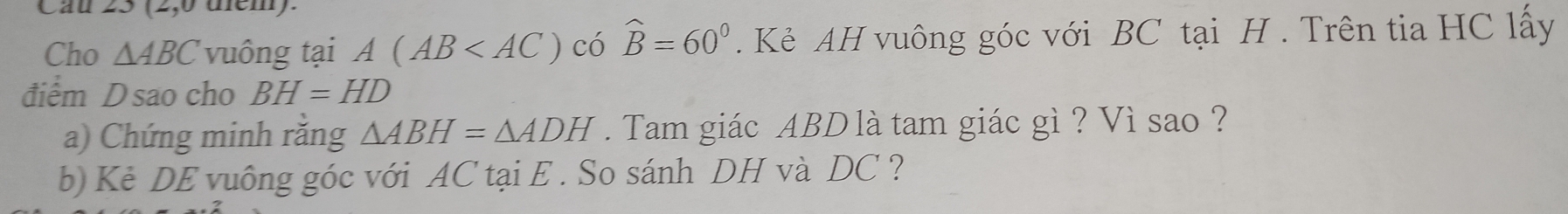 (2,0 diểm). 
Cho △ ABC vuông tại A(AB có widehat B=60°. Kẻ AH vuông góc với BC tại H. Trên tia HC lấy 
điểm D sao cho BH=HD
a) Chứng minh rằng △ ABH=△ ADH. Tam giác ABD là tam giác gì ? Vì sao ? 
b) Kẻ DE vuông góc với AC tại E. So sánh DH và DC ?