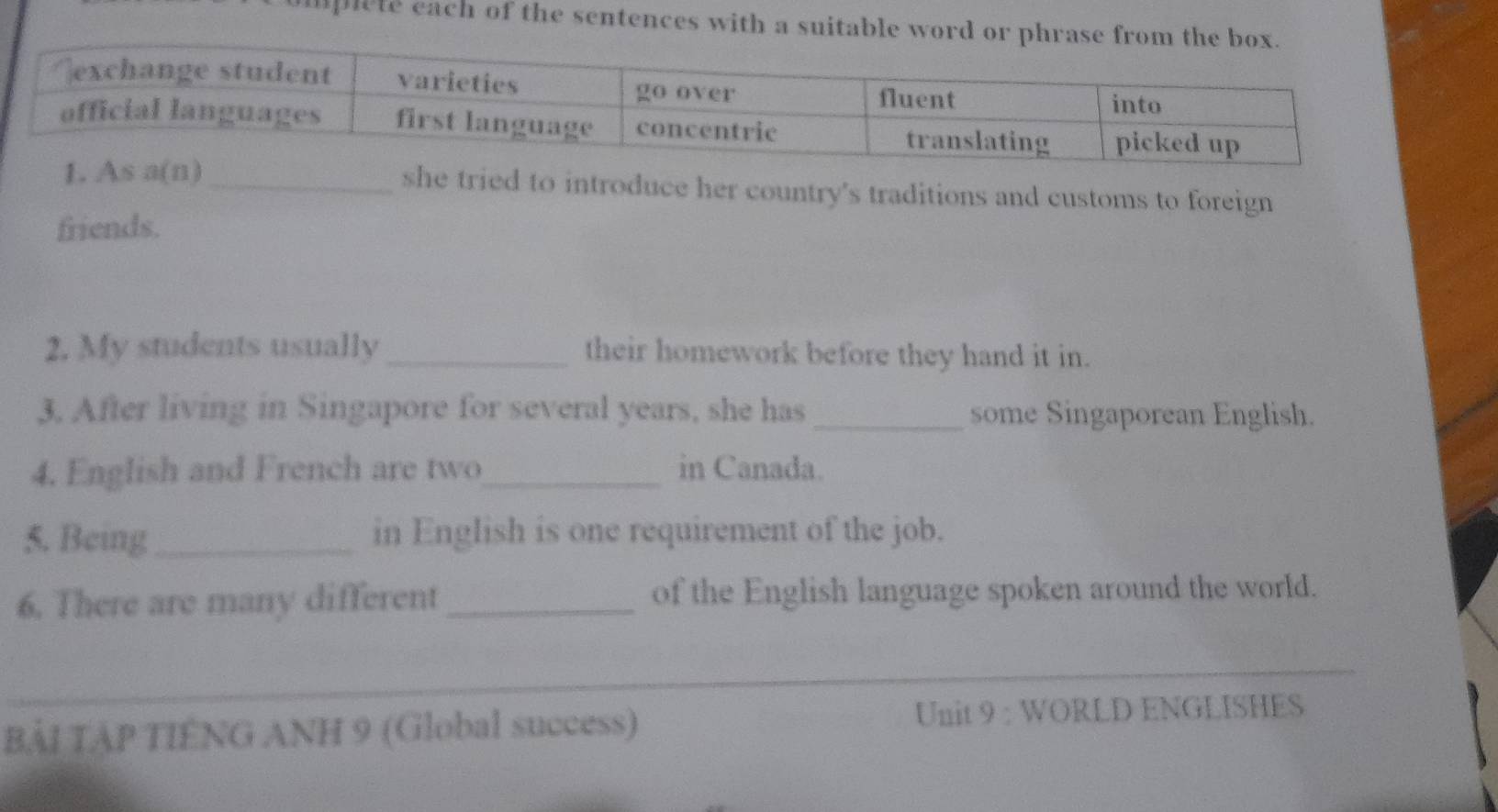 plete each of the sentences with a suitable word or phrase from the box. 
_ed to introduce her country's traditions and customs to foreign 
friends. 
2. My students usually _their homework before they hand it in. 
3. After living in Singapore for several years, she has _some Singaporean English. 
4. English and French are two_ in Canada. 
5. Being_ in English is one requirement of the job. 
6. There are many different _of the English language spoken around the world. 
_ 
BẢI TẠP TIÊNG ANH 9 (Global success) Unit 9 : WORLD ENGLISHES