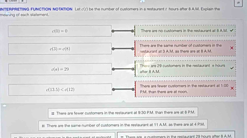 Lsten
NTERPRETING FUNCTION NOTATION Let c(t) be the number of customers in a restaurant / hours after 8 A.M. Explain the
meaning of each statement.
c(0)=0 There are no customers in the restaurant at 8 A.M.
There are the same number of customers in the
c(3)=c(8)
restaurant at 3 A.M. as there are at 8 A.M.
There are 29 customers in the restaurant / hours
c(n)=29
after 8 A.M.
There are fewer customers in the restaurant at 1:00
c(13.5)
P.M. than there are at noon.
There are fewer customers in the restaurant at 9:30 P.M. than there are at 8 P.M.
:: There are the same number of customers in the restaurant at 11 A.M. as there are at 4 P.M.
There are r customers in the restaurant 29 hours after 8 A.M.