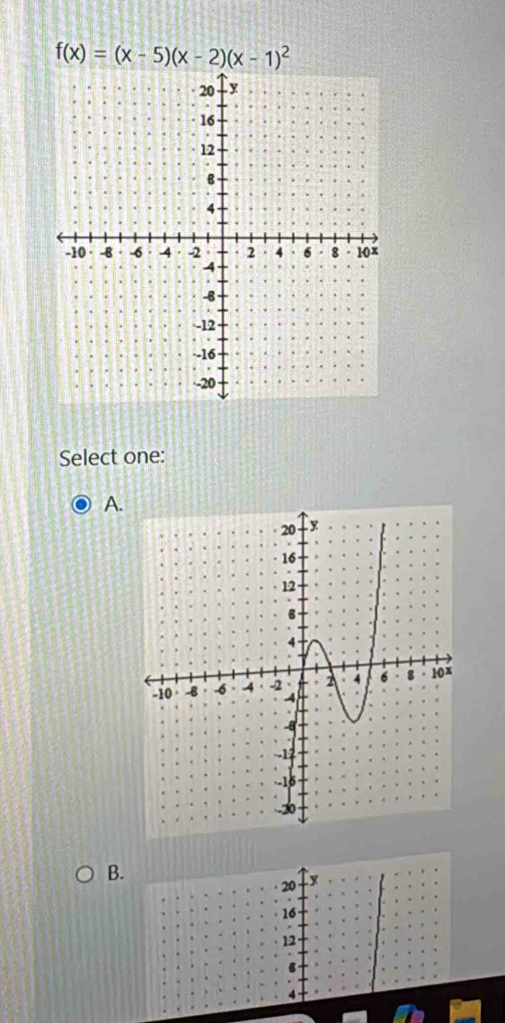 f(x)=(x-5)(x-2)(x-1)^2
Select one: 
A. 
B.
20 y
16
12
6
4