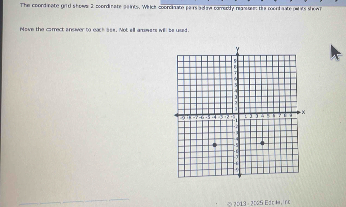 The coordinate grid shows 2 coordinate points. Which coordinate pairs below correctly represent the coordinate points show? 
Move the correct answer to each box. Not all answers will be used. 
2013 - 2025 Edcite, Inc