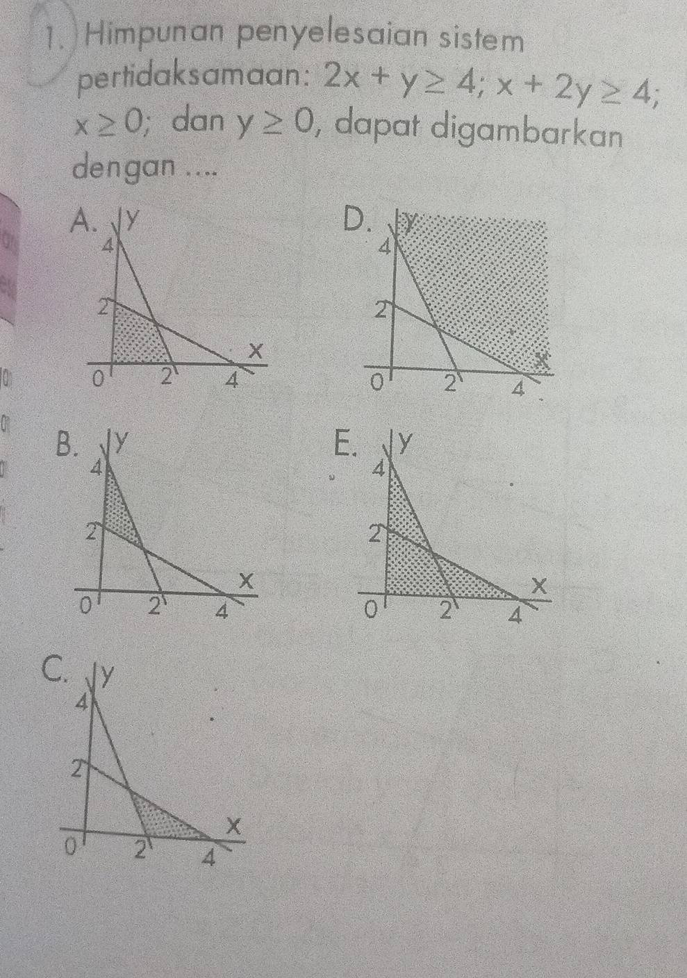 Himpunan penyelesaian sistem
pertidaksamaan: 2x+y≥ 4; x+2y≥ 4;
x≥ 0;dan y≥ 0 , dapat digambarkan
dengan ....
D

BE.