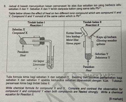 Jadual di bawah menunjukkan kesan pemanasan ke atas dua sebatian ion yang berbeza iaitu 
sebatian X dan Y. Sebatian X dan Y terdiri daripada kation yang sama iaitu Pb^(2+)
Table below shows the effect of heat on two different ionic compound which are compound X and
Y. Compound X and Y consist of the same cation which is Pb^(2+)
Tindak balas I Tindak balas II Reaction II 
Reaction I 
Sebatian X
Compound X Kertas litmus 
biru lembap 
Moist blue Kayu uji berbara 

Glowing wooden 
litmus poper splinter 
Panaskan 
Heat Sebatian Y
Air kapur Q
Substance Y
Limewater Panaskan 
Heat 
Tulis formula kimia bagi sebatian X dan sebatian Y. Banding dan bezakan pemernatian bagi 
sebatian X dan sebatian Y apabila kedua-dua sebatian dipanaskan dengan kuat. Tuliskan 
persamaan kimia bagi tindak balas II. 
Write chemical formula for compound X and Y. Compare and contrast the observation for 
compound X and compound Y when both compounds are heated strongly. Write a chemical 
equation for Reaction II. 
[8 markah]