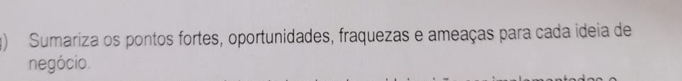 Sumariza os pontos fortes, oportunidades, fraquezas e ameaças para cada ideia de 
negócio.