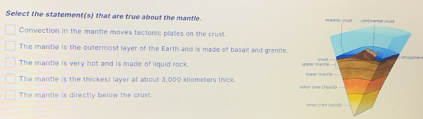 Select the statement(s) that are true about the mantle.
Convection in the mantle moves tectonic plates on the crust.
The mantle is the outermost layer of the Earth and is made of basalt and granite.thosphere
The mantle is very hot and is made of liquid rock.
The mantle is the thickest layer at about 3,000 kilometers thick.
The mantle is directly below the crust.