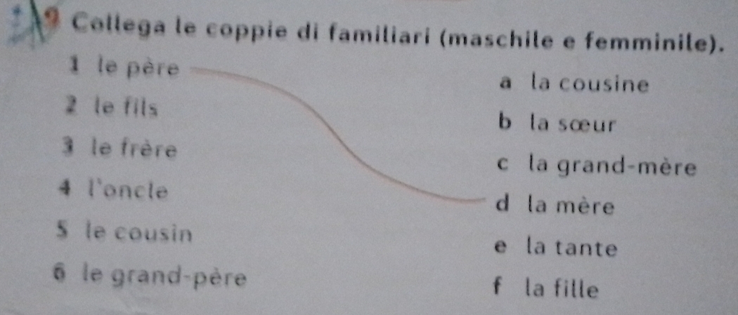 Collega le coppie di familiari (maschile e femminile).
1 le père a la cousine
2 le fils b la sœ u r
3 le frère
c la grand-mère
4 l'oncle d la mère
S le cousin e la tante
6 le grand-père fù la fille