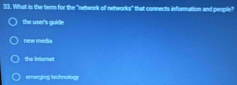 What is the term for the "network of networks" that connects information and people?
the user's guide
new media
the Internet
emerging technology