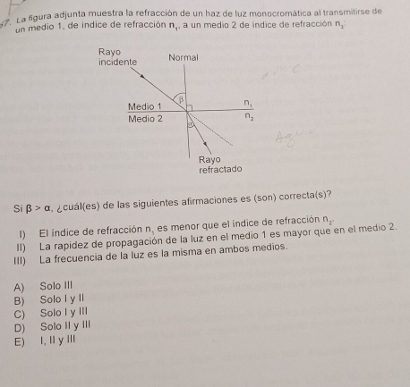 La figura adjunta muestra la refracción de un haz de luz monocromática al transmitirse de
un medio 1, de indice de refracción n_1 , a un medio 2 de indice de refracción n_2
Si beta >alpha a cuál(es) de las siguientes afirmaciones es (son) correcta(s)?
I) El índice de refracción n. es menor que el índice de refracción
II) La rapídez de propagación de la luz en el medio 1 es mayor que en el medio 2 n_2.
III) La frecuencia de la luz es la misma en ambos medios.
A) Solo III
B) Solo I y II
C) Solo I y III
D) Solo IIy III
E) I, I yII