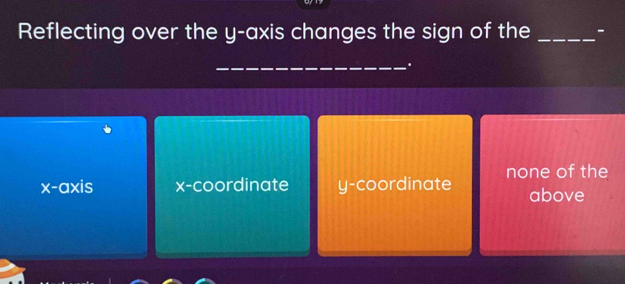 Reflecting over the y-axis changes the sign of the _-
_.
x-axis x-coordinate y-coordinate none of the
above