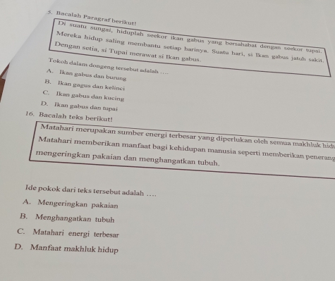 Bacalah Paragraf berikut!
Di suatu sungai, hiduplah seckor ikan gabus yang bersahabat dengan seekor tupai.
Mereka hidup saling membantu setiap harinya. Suatu hari, si Ikan gabus jatuh sakit,
Dengan setia, si Tupai merawat si Ikan gabus.
Tokoh dalam dongeng tersebut adalah . ..
A. Ikan gabus dan burung
B. Ikan gagus dan kelinci
C. Ikan gabus dan kucing
D. Ikan gabus dan tupai
16. Bacalah teks berikut!
Matahari merupakan sumber energi terbesar yang diperlukan oleh semua makhluk hide
Matahari memberikan manfaat bagi kehidupan manusia seperti memberikan penerang
mengeringkan pakaian dan menghangatkan tubuh.
Ide pokok dari teks tersebut adalah …
A. Mengeringkan pakaian
B. Menghangatkan tubuh
C. Matahari energi terbesar
D. Manfaat makhluk hidup