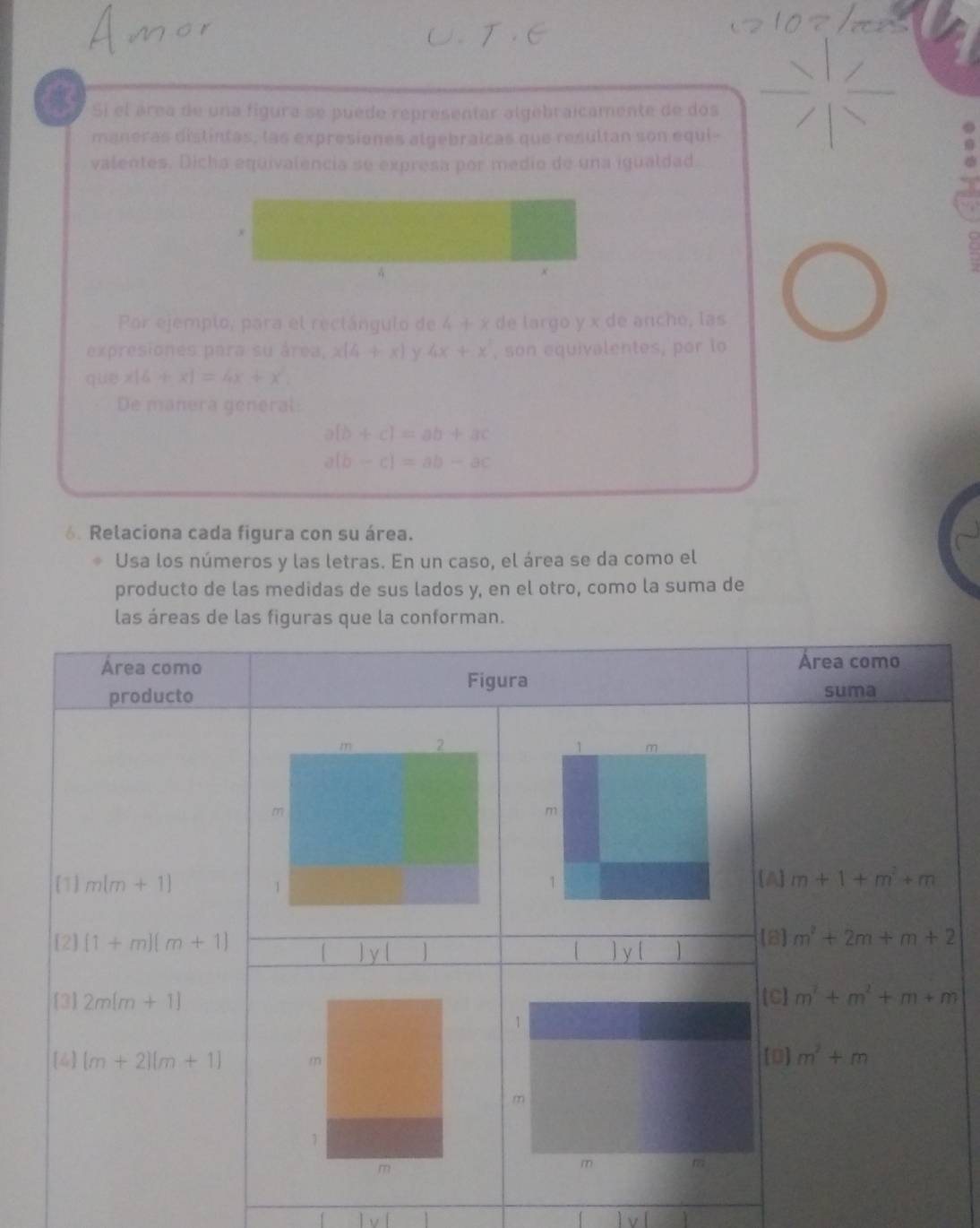 Si el área de una figura se puède representar algebraicamente de dos
maneras distintas, las expresiones algebraicas que resultan son equi-
valentes. Dicha equivalencia se expresa por medio de una igualdad
  
Pr ejemp l o ara e rectá     o d (-)(-) de largo y x de ancho, las
expresiones para su área, x(4+x) y 4x+x , son equivalentes, por to
que x|6+x|=4x+x'
De manera general:
a(b+c)=ab+ac
a(b-c)=ab-ac
6. Relaciona cada figura con su área.
Usa los números y las letras. En un caso, el área se da como el
producto de las medidas de sus lados y, en el otro, como la suma de
las áreas de las figuras que la conforman.
omo
a
m^2+2m+m+2
m^2+m^2+m+m
f