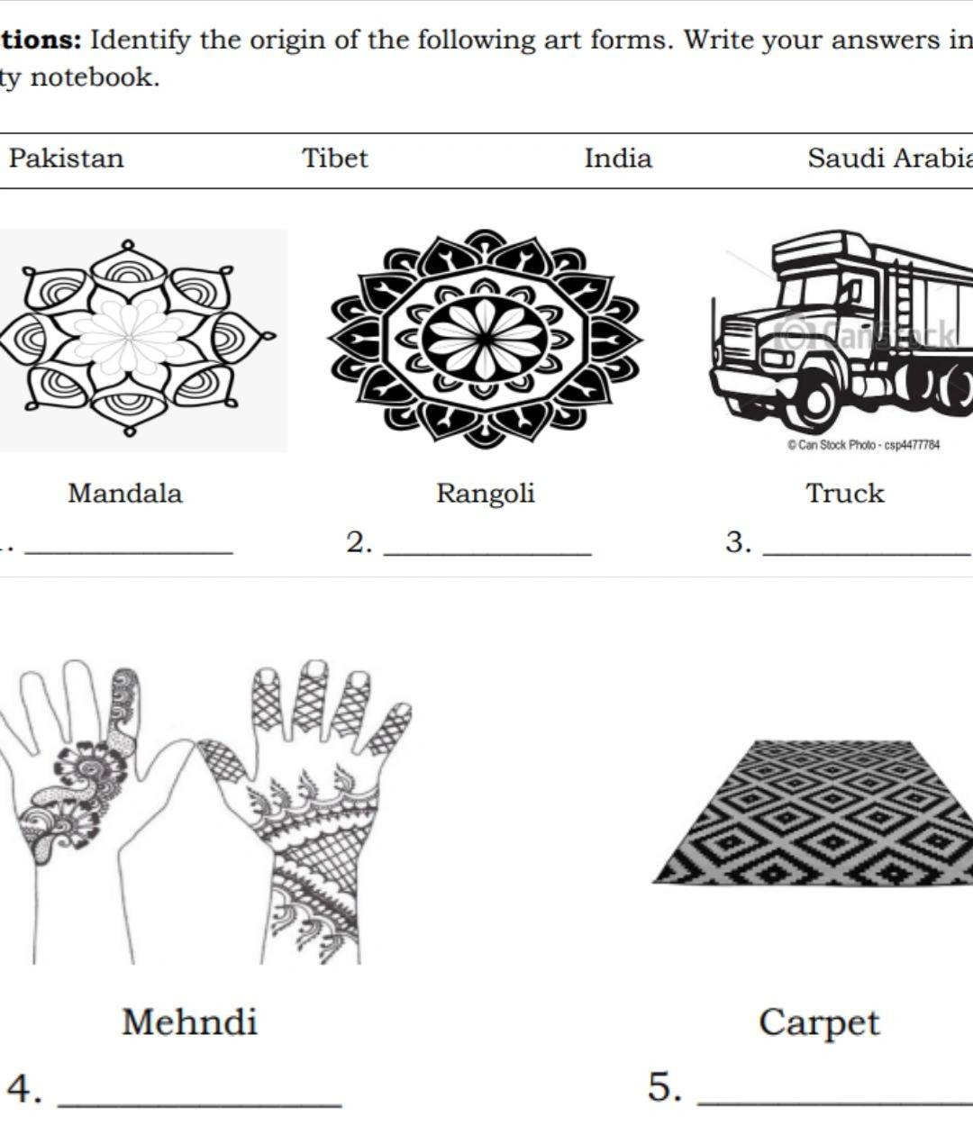 tions: Identify the origin of the following art forms. Write your answers in
ty notebook.
Pakistan Tibet India Saudi Arabia
Mandala Rangoli Truck
.
_
2._
3._
Mehndi Carpet
4._
5._