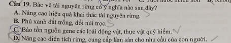 Bảo vệ tài nguyên rừng có ý nghĩa nào sau dây?
A. Nâng cao hiệu quả khai thác tài nguyên rừng.
B. Phủ xanh đất trống, đồi núi trọc.
C. Bảo tồn nguồn gene các loài động vật, thực vật quý hiếm.
D. Nâng cao diện tích rừng, cung cấp lâm sản cho nhu cầu của con người.