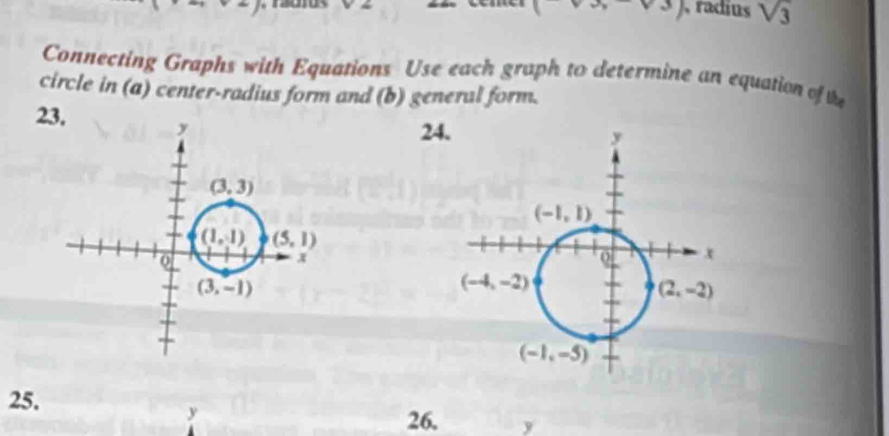 (ve-v3) radius sqrt(3)
Connecting Graphs with Equations Use each graph to determine an equation of the
circle in (a) center-radius form and (b) general form.
23.24
25.
y
26. y