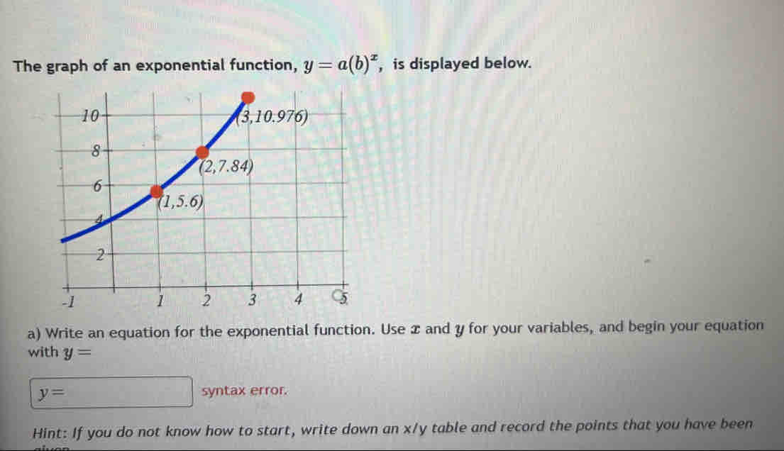 The graph of an exponential function, y=a(b)^x , is displayed below.
a) Write an equation for the exponential function. Use x and y for your variables, and begin your equation
with y=
y=
syntax error. ay
Hint: If you do not know how to start, write down an x/y table and record the points that you have been