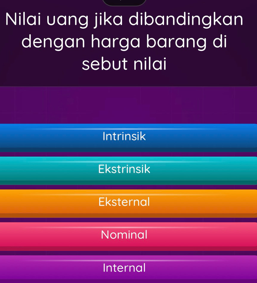 Nilai uang jika dibandingkan
dengan harga barang di
sebut nilai
Intrinsik
Ekstrinsik
Eksternal
Nominal
Internal