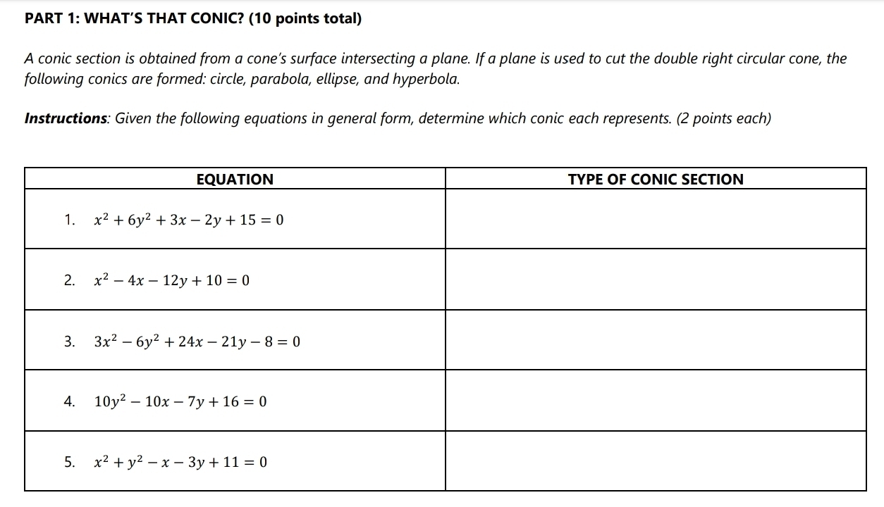 WHAT’S THAT CONIC? (10 points total)
A conic section is obtained from a cone’s surface intersecting a plane. If a plane is used to cut the double right circular cone, the
following conics are formed: circle, parabola, ellipse, and hyperbola.
Instructions: Given the following equations in general form, determine which conic each represents. (2 points each)