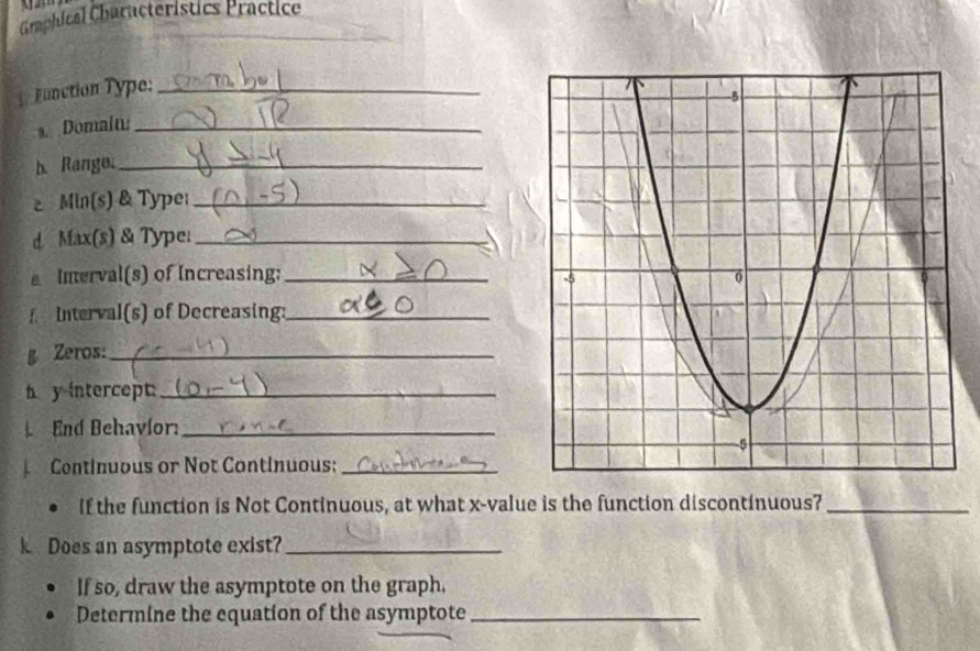 Graphical Characteristics Practice 
_ 
Function Type:_ 
s. Domait_ 
b. Range._ 
e Min(s) & Typer_ 
d Max(s) & Type:_ 
Inerval(s) of Increasing: _ 
Interval(s) of Decreasing:_ 
Zeros:_ 
h y intercept_ 
End Behavlor:_ 
Continuous or Not Continuous;_ 
If the function is Not Continuous, at what x -value is the function discontinuous?_ 
k Does an asymptote exist?_ 
If so, draw the asymptote on the graph. 
Determine the equation of the asymptote_