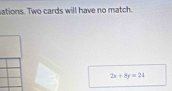 ations. Two cards will have no match.
2x+8y=24