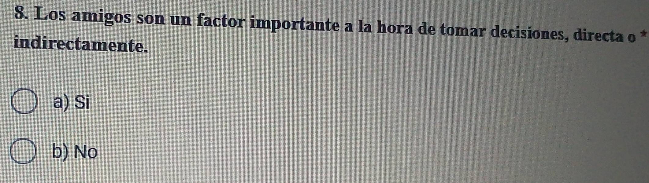 Los amigos son un factor importante a la hora de tomar decisiones, directa o *
indirectamente.
a) Si
b) No