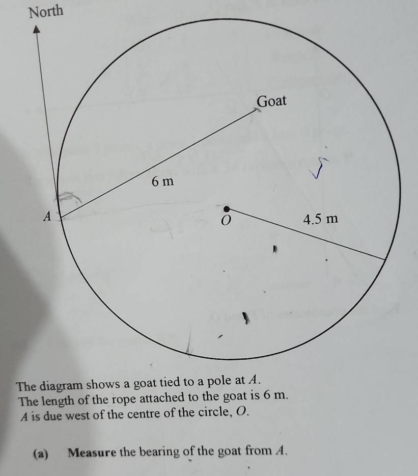 North 
T 
The length of the rope attached to the goat is 6 m.
A is due west of the centre of the circle, O. 
(a) Measure the bearing of the goat from A.