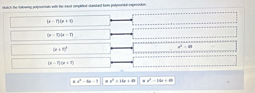 Match the following polynomials with the most simplified standard form polynomial expression.
(x-7)(x+1)
(x-7)(x-7)
(x+7)^2
x^2-49
(x-7)(x+7)
:: x^2-6x-7 :: x^2+14x+49 :: x^2-14x+49