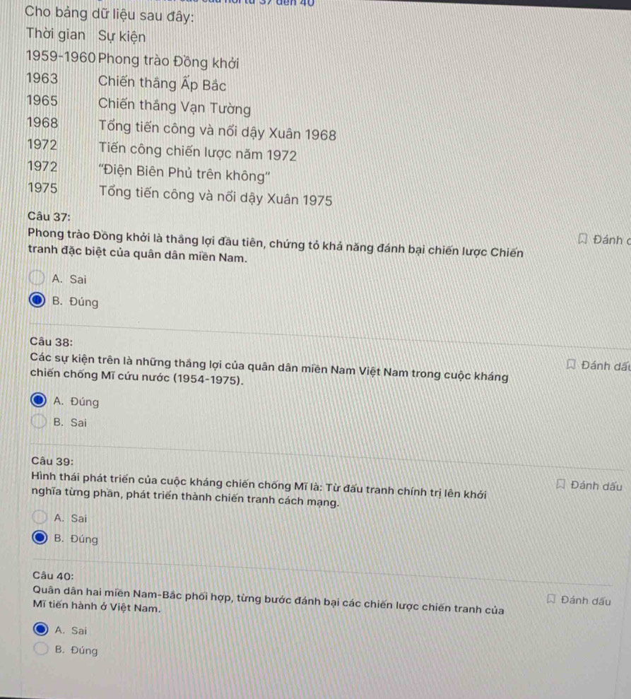 Cho bảng dữ liệu sau đây:
Thời gian Sự kiện
1959-1960 Phong trào Đồng khởi
1963 Chiến thắng Ấp Bắc
1965 Chiến thắng Vạn Tường
1968 Tổng tiến công và nổi dậy Xuân 1968
1972 Tiến công chiến lược năm 1972
1972 ''Điện Biên Phủ trên không''
1975 Tổng tiến công và nổi dậy Xuân 1975
Câu 37: Đánh c
Phong trào Đồng khởi là thắng lợi đầu tiên, chứng tỏ khả năng đánh bại chiến lược Chiến
tranh đặc biệt của quân dân miền Nam.
A. Sai
B. Đúng
Câu 38:
Đánh dấi
Các sự kiện trên là những thắng lợi của quân dân miền Nam Việt Nam trong cuộc kháng
chiến chống Mĩ cứu nước (1954-1975).
A. Đúng
B. Sai
Câu 39: Đánh dấu
Hình thái phát triển của cuộc kháng chiến chống Mĩ là: Từ đấu tranh chính trị lên khởi
nghĩa từng phần, phát triển thành chiến tranh cách mạng.
A. Sai
B. Đúng
Câu 40:
Đánh dấu
Quân dân hai miền Nam-Bắc phối hợp, từng bước đánh bại các chiến lược chiến tranh của
Mĩ tiến hành ở Việt Nam.
A. Sai
B. Đúng