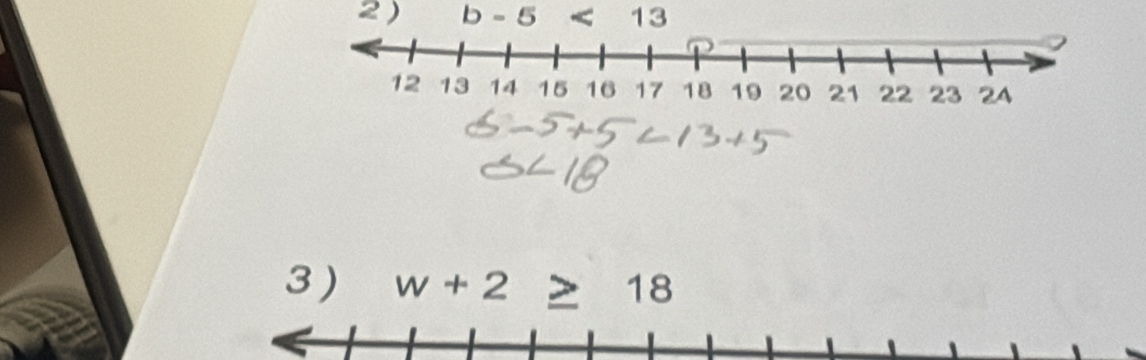 2 ) l - 5 < 13</tex> 
3 ) w+2≥ 18