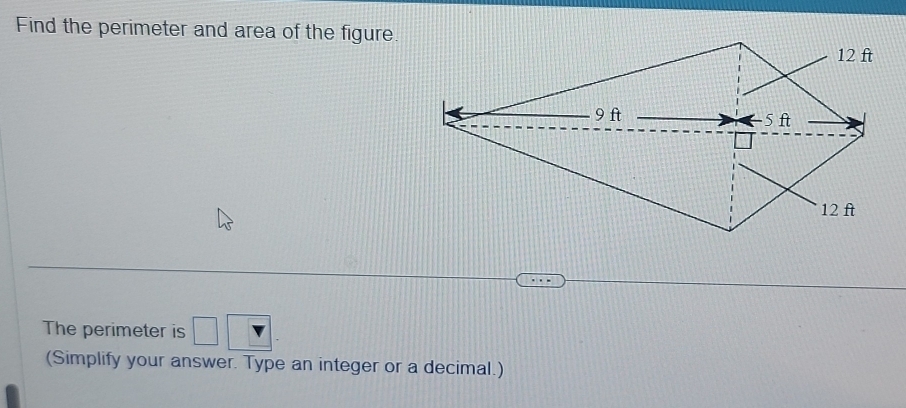 Find the perimeter and area of the figure. 
The perimeter is □. 
(Simplify your answer. Type an integer or a decimal.)