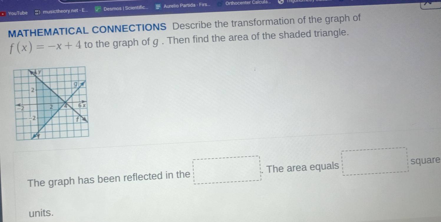 YouTube musictheory.net - E... Desmos | Scientific... Aurelio Partida - Firs... Orthocenter Calcula.. 
MATHEMATICAL CONNECTIONS Describe the transformation of the graph of
f(x)=-x+4 to the graph of g. Then find the area of the shaded triangle. 
The graph has been reflected in the □ The area equals □ square
units.