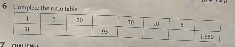 10+3=a
6 Complete the ratio table. 
7 challenge