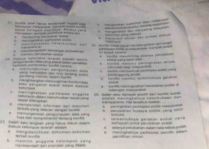 Konflik tidak hanya berdampak negatif bagi c  mengirimkan kuesioner atau melakukan
kehidupan masyarakat. Dampak positif konflik
wawancara terstruktur kepada responden
sosial beragam wujudnya. Berikut yan
a. mendorong perubahan sosial d menganalisis dan menyaring dokumen
merupakan dampak positifnya antara lain dokumen yang relevan
b. meningkatkán partisipasi politik e  menyusun aturan dan proses diskusi
kelompok
c meningkatkən keterbukaan dan 24 Konflik sosial dapat membangkitkan semangat
transparansi
d membangkitkan semangat perlawahan partisipasi politik di masyarakat Dampak positif
e  memicu perubahan sosial ini terjadi karena.
22. Diskusi kelompok terarah adalah teknik a. konflik mendorong adanya perubahan
pengumpulan data yang efektif dalam penelitian sosial yang lebih baik 
berbasis pemecahan konflik karena b konflik memicu penıngkatan akses 
informasi bagi masyarakat
a. memungkinkan pengumpulan data c. konflik memperkuat partisipası politik yang
yang mendalam dan rinci tentang sudut bertanggung jawab
pandang individu dalam konflik d konflik memicu terbentuknya gerakan 
b. menghilangkan kemungkinan konformitas sosial
atau pengaruh sosıal dalam diskusi e. konflik meningkatkan kesadaran politik di
kelompok
katangan masyarakat
c. meningkatkan partisipasi anggota 25. Salah satu dampak positif dari konflik sosial
kelompok dàlam merumuskan solusi yang adalah meningkatnya keterbukaan dan.
dapat diterapkan
d. memperoleh informasi dari dokumen transparansi. Hal tersebut adalah
tertulis yang relevan dengan konflik a  peningkatan partisipası politik masyarakat
e. memungkinkan pengumpulan data yang b. perubahan budaya politik yang lebih
terbuka
luas dan komprehensif tentang konflik c. terbentuknya gerakan sosial yang
23. Salah satu langkah yang harus diikuti dalam bertujuan untuk perubahan sosial
diskusi kelompok terarah adalah d. adanya perubahan dalam tata kełola politik
a. mengidentifikasi dokumen-dokumen . meningkatnya partisipasi pemilih dalam
terkait konflik pemilihan umum
b. memilih anggota kelompok yang
representatif dari populasi yang diteliti