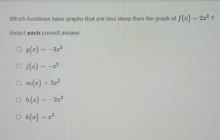 Solved: Which functions have graphs that are less steep than the graph ...