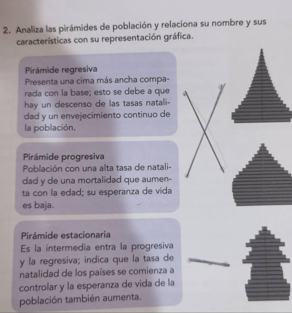 Analiza las pirámides de población y relaciona su nombre y sus
características con su representación gráfica.
Pirámide regresiva
Presenta una cima más ancha compa-
rada con la base; esto se debe a que
hay un descenso de las tasas natali-
dad y un envejecimiento continuo de
la población.
Pirámide progresiva
Población con una alta tasa de natali-
dad y de una mortalidad que aumen-
ta con la edad; su esperanza de vida
es baja.
Pirámide estacionaria
Es la intermedia entra la progresiva
y la regresiva; indica que la tasa de
natalidad de los países se comienza a
controlar y la esperanza de vida de la
población también aumenta.