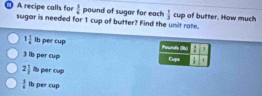 A recipe calls for  5/6  pound of sugar for each  1/3 cup of butter. How much
sugar is needed for 1 cup of butter? Find the unit rate.
1 1/6  lb per cup
3 lb per cup
2 1/2  lb per cup
 5/6  lb per cup