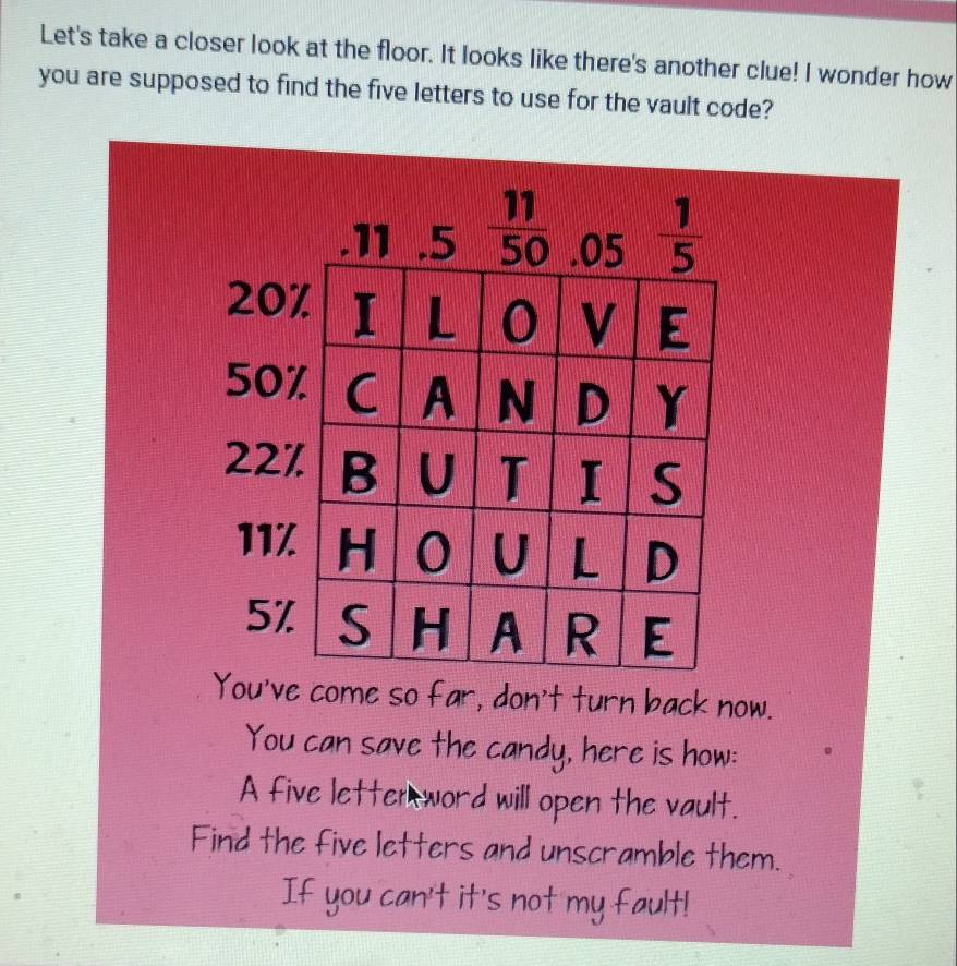 Let's take a closer look at the floor. It looks like there's another clue! I wonder how
you are supposed to find the five letters to use for the vault code?
ve come so far, don't turn back now.
You can save the candy, here is how:
A five lettem word will open the vault.
Find the five letters and unscramble them.
If you can't it's not my fault!