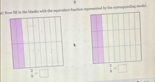 at! Now fill in the blanks with the equivalent fraction represented by the corresponding model.
 2/9 =□
 2/9 =□