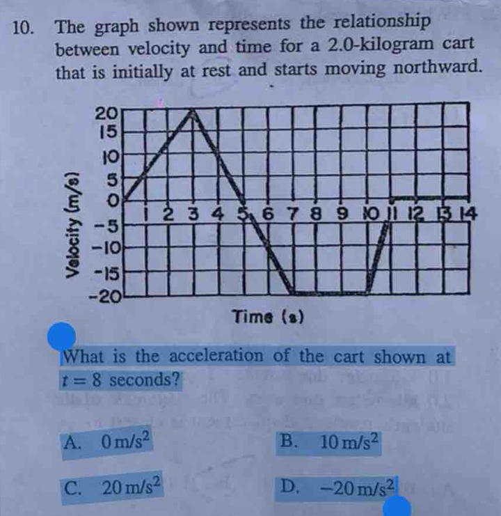 The graph shown represents the relationship
between velocity and time for a 2.0-kilogram cart
that is initially at rest and starts moving northward.
What is the acceleration of the cart shown at
t=8 seconds?
A. 0m/s^2 B. 10m/s^2
C. 20m/s^2 D, -20m/s^2