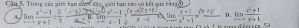 Trong các giới hạn dưới đây, giới hạn nào có kết quả bằng (
A, limlimits _xto -1 (x^2-1)/x+1  3.limlimits _xto 1 (x^2-1)/x-1  a limlimits _xto +∈fty  (x+1)/x^2+1 =( D. limlimits _xto -∈fty  (x^2+1)/x+1 
L là trung điểm của SA .