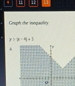 12 13 
Graph the inequality
y>|x-4|+3
a