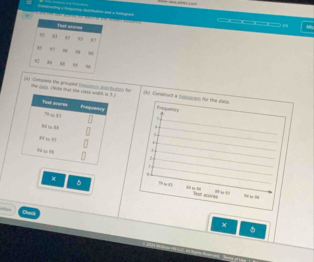 Www-awa.aleks.com 
Consructing a frequency distribution and a histogram Mic 
 
re are the test scores nnteen students. 
(a) Complete the grouped frequency distribution for (b) Construct a histogram for the data. 
the date. (Note that th) 
× 
ation Check 
× 
© 2024 McGraw Hill LLC. All Rights Reserved. Terms of Use