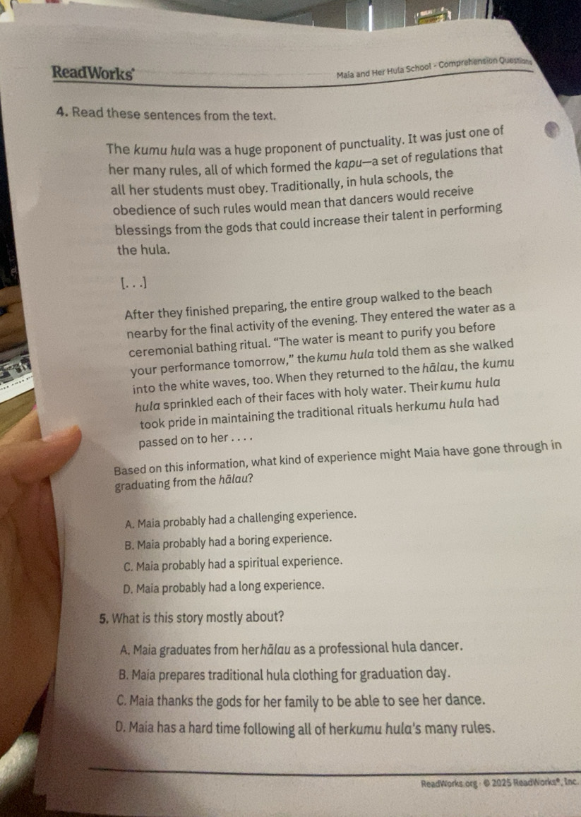 Solved: ReadWorks Maia and Her Hula School - Comprehension Question 4 ...