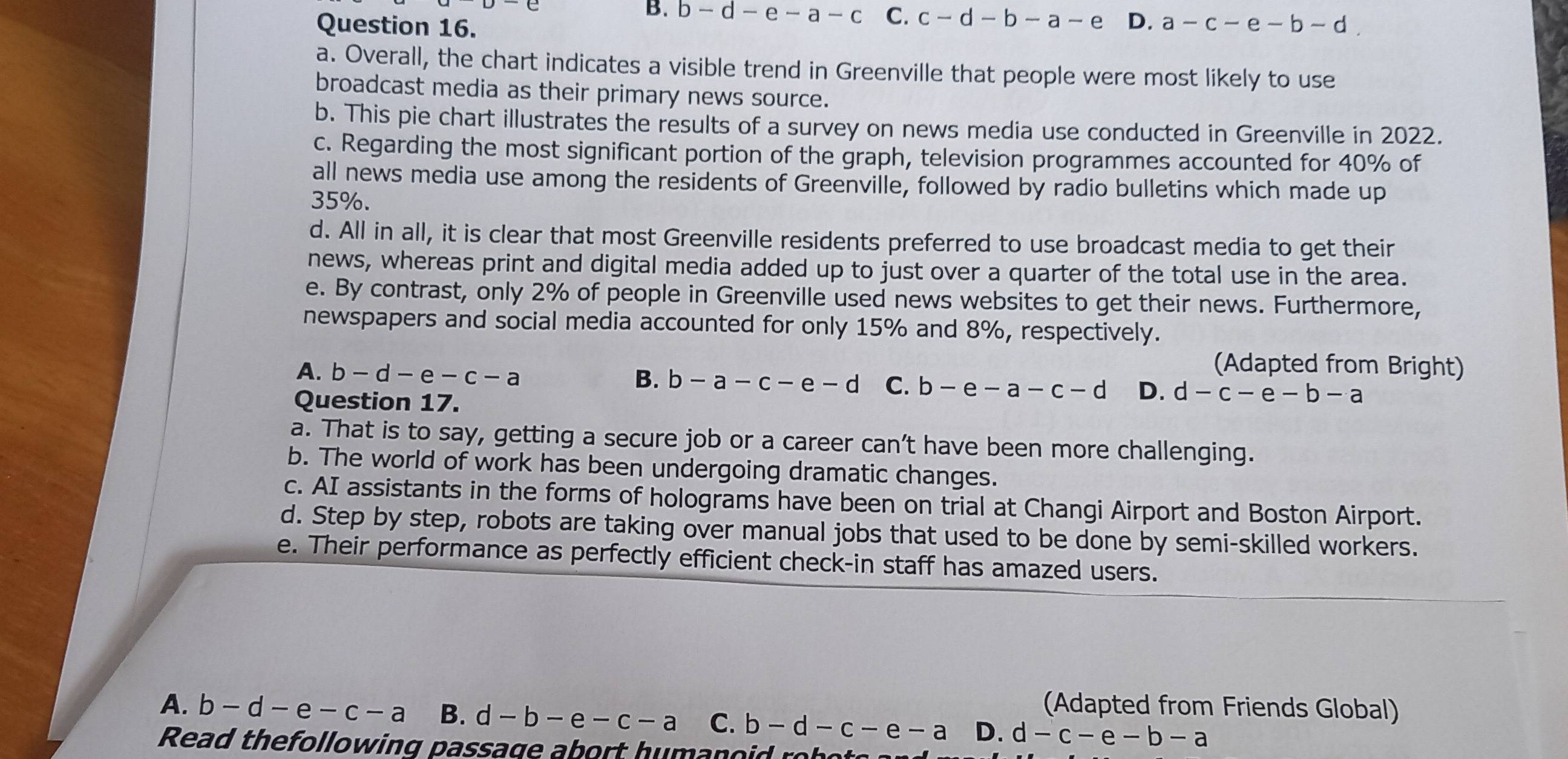 B. b - d -e-a-c C. c-d-b-a-e D.
Question 16. a-c-e-b-d
a. Overall, the chart indicates a visible trend in Greenville that people were most likely to use
broadcast media as their primary news source.
b. This pie chart illustrates the results of a survey on news media use conducted in Greenville in 2022.
c. Regarding the most significant portion of the graph, television programmes accounted for 40% of
all news media use among the residents of Greenville, followed by radio bulletins which made up
35%.
d. All in all, it is clear that most Greenville residents preferred to use broadcast media to get their
news, whereas print and digital media added up to just over a quarter of the total use in the area.
e. By contrast, only 2% of people in Greenville used news websites to get their news. Furthermore,
newspapers and social media accounted for only 15% and 8%, respectively.
(Adapted from Bright)
A. b-d-e-c-a B. b-a-c-e-d C. b-e-a-c-d D. d-c-e-b-a
Question 17.
a. That is to say, getting a secure job or a career can’t have been more challenging.
b. The world of work has been undergoing dramatic changes.
c. AI assistants in the forms of holograms have been on trial at Changi Airport and Boston Airport.
d. Step by step, robots are taking over manual jobs that used to be done by semi-skilled workers.
e. Their performance as perfectly efficient check-in staff has amazed users.
(Adapted from Friends Global)
A. b-d-e-c-a B. d-b-e-c-a C. b-d-c-e-a D. d-c-e-b-a
Read thefollowing passage abort human o i rh