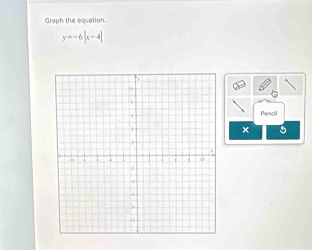 Graph the equation.
y=-6|x-4|
Pencil 
×