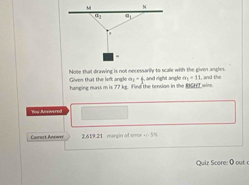 Note that drawing is not necessarily to scale with the given angles.
Given that the left angle alpha _2=6 , and right angle alpha _1=11 , and the
hanging mass m is 77 kg. Find the tension in the RIGHT wire.
You Answered
Correct Answer 2,619,21 margin of error +(-5%
Quiz Score: O out c