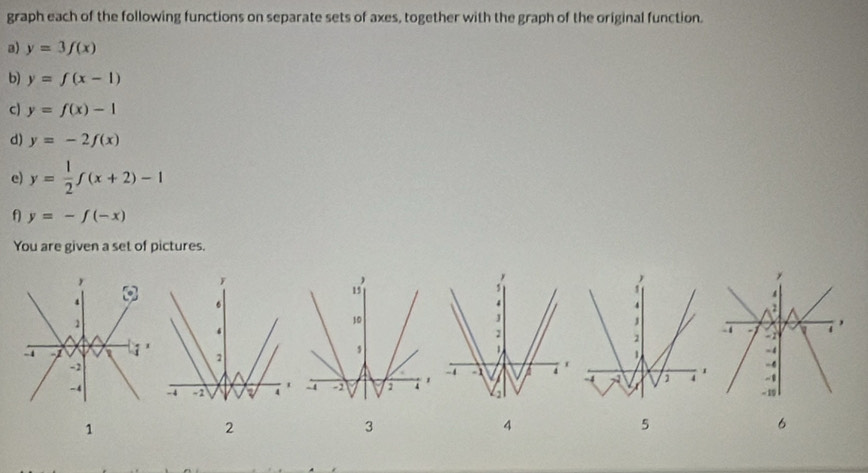 graph each of the following functions on separate sets of axes, together with the graph of the original function. 
a) y=3f(x)
b) y=f(x-1)
c) y=f(x)-1
d) y=-2f(x)
e) y= 1/2 f(x+2)-1
f) y=-f(-x)
You are given a set of pictures. 

1 
2 
3 
4 
5 
6