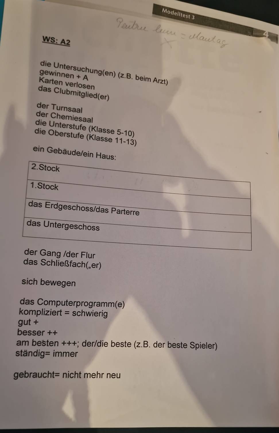 Modelltest 3 
WS: A2 
die Untersuchung(en) (z.B. beim Arzt) 
gewinnen + A 
Karten verlosen 
das Clubmitglied(er) 
der Turnsaal 
der Chemiesaal 
die Unterstufe (Klasse 5-10) 
die Oberstufe (Klasse 11-13) 
ein Gebäude/ein Ha 
das Schließfach(„er) 
sich bewegen 
das Computerprogramm(e) 
kompliziert = schwierig 
gut + 
besser ++ 
am besten +++; der/die beste (z.B. der beste Spieler) 
ständig= immer 
gebraucht= nicht mehr neu