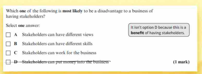 Which one of the following is most likely to be a disadvantage to a business of
having stakeholders?
Select one answer: It isn't option D because this is a
A Stakeholders can have different views benefit of having stakeholders.
B Stakeholders can have different skills
C Stakeholders can work for the business
D —Stakeholders can put money into the business (1 mark)